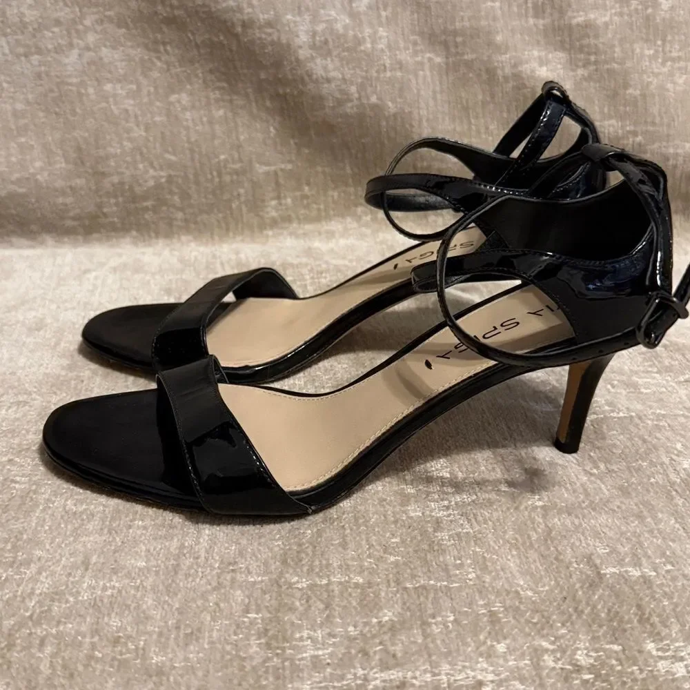 Via Spiga Black Patent Leather Ankle Strap Heels